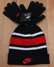Nike Youth Boy Hat  Gloves Set  Black, Red  White  Beanie  Striped
