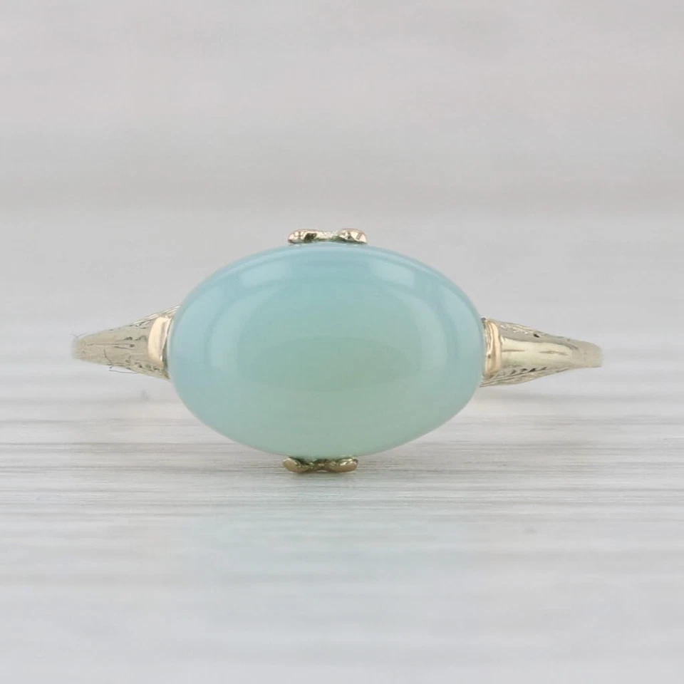 Anillo de filigrana de cuarzo calcedonia verde oro amarillo 14k tamaño 8,25 cabujón ovalado Foto 2 de 4