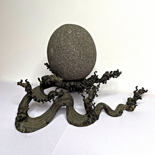 Japanese Bronze Sculpture Statue Meiji Antique Dragon Pearl Zen Wave Abstract Ja - Picture 5 of 7