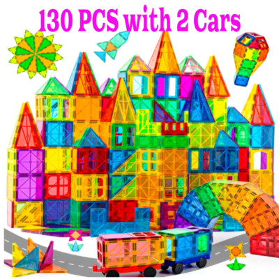 Magna Tiles Clear Colors Magnetic Building Toy Magnet Blocks Kids 3D Set 130 Pcs