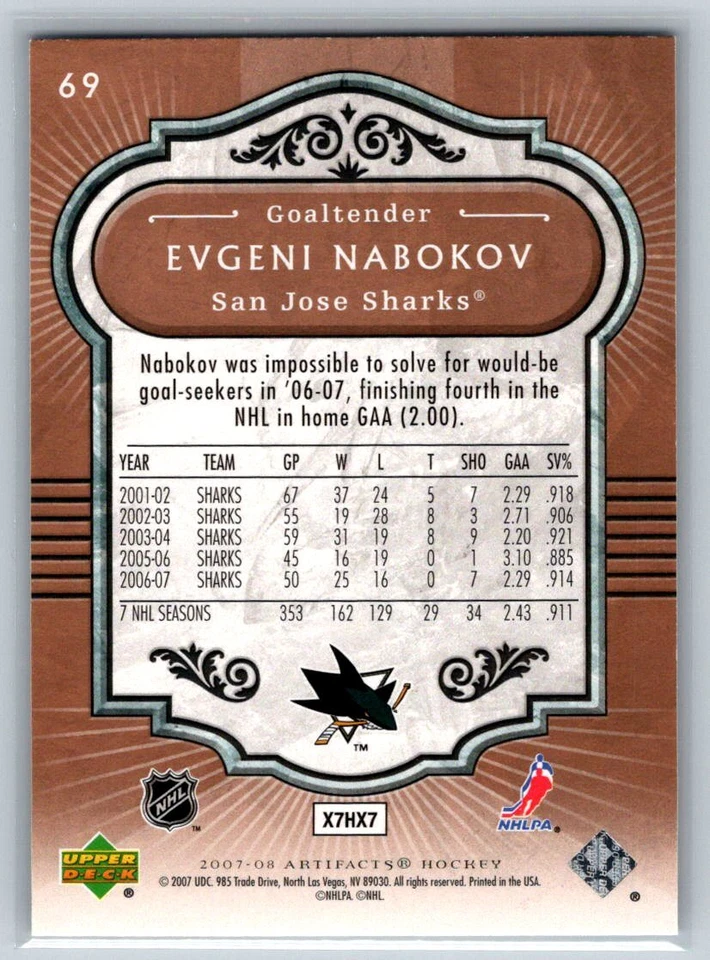 2007 Upper Deck Artifacts #69 Evgeni Nabokov San Jose Sharks - Image 2 of 2