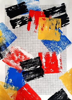 ABSTRAKTE ZEITGENÖSSISCHE KUNST ACRYL GEMÄLDE + ZEICHNUNG A2 KUNSTPAPIER ohne Rahmen