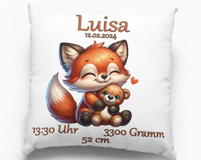 FADENSALAT Personalisierte Babygeschenke zur Geburt Kissen mit Namen Fuchs Mädchen Junge