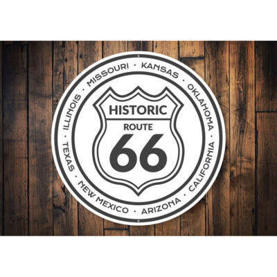 Historic Route 66 States Sign, Novelty Car Sign, Garage Aluminum