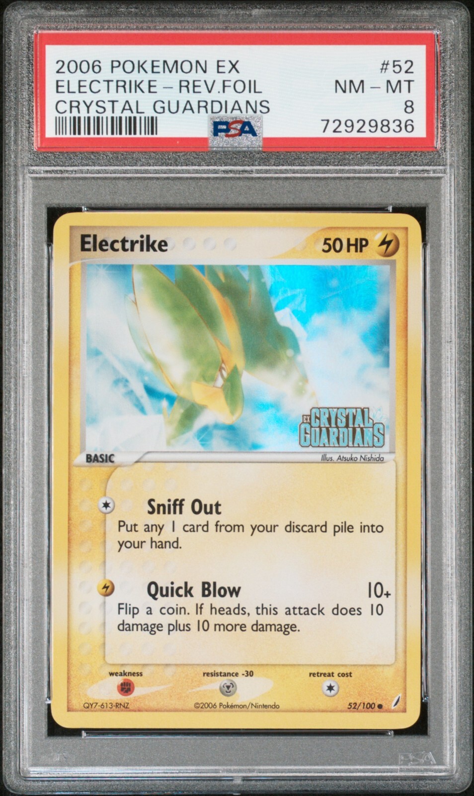 PSA 8 NM-MT Electrike 52/100 EX Crystal Guardians Stamped Reverse Holo Pokémon