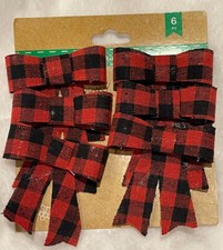 NEW Set of 6 BOWS Christmas ORNAMENTS Red  Black Buffalo Check Plaid Fabric