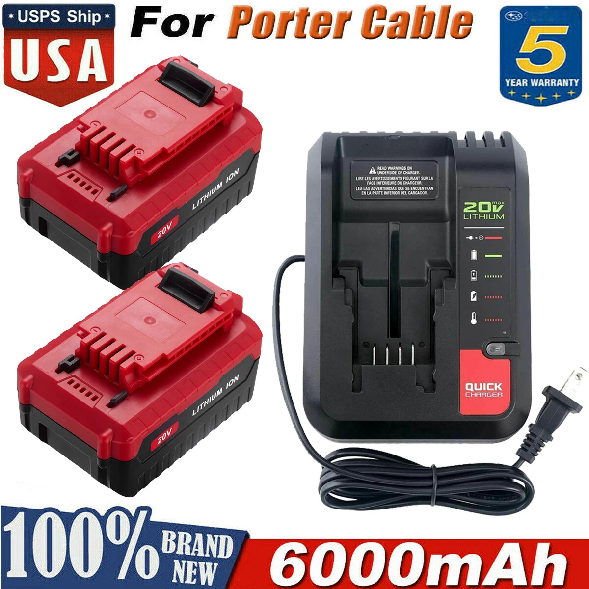 6.0Ah Lithium 20 Volt Battery or Charger for PORTER CABLE 20V Max PCC680L US