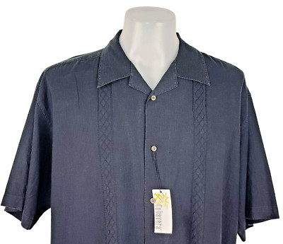 CUBAVERA Herren LEINEN schwarz LUXUS S/S BESTICKTES ABENDHEMD - 2XL - 56'' - £89
