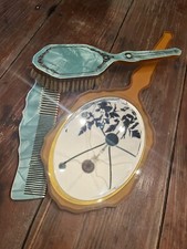 Dresser Vanity Set Art Deco Aqua Pearl 3 pc Set Mirror Brush Comb Vintage Pretty