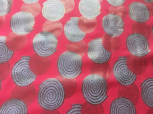 Orange Spandex with Gold Foil on White Circles Fabric - 32"repeat ~ 7/8 yd - Picture 2 of 6