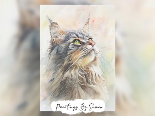 Majestic Old Gray Maine Coon Cat, Watercolor Painting Print 5"x7" on Matte Paper - Picture 4 of 7
