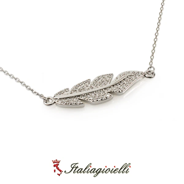 Lucente Collana Foglia Pavè Brillante in Argento 925 Rodiato Oro Bianco - Immagine 3 di 4