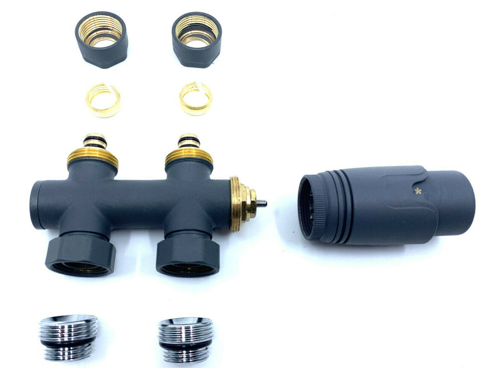 Hahnblock Heizkörper Set – Mittelanschluss 50 Mm, Eckform, Inkl. Thermostatkopf, Für Badheizkörper