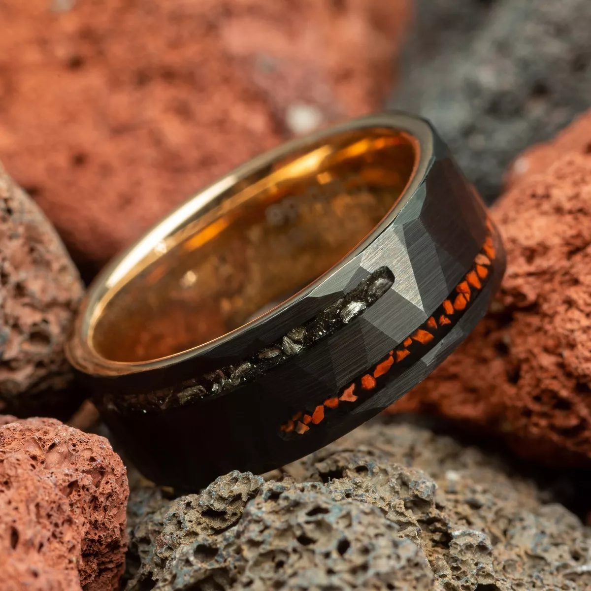 Red Dinosaur Bone Meteorite Hammered Black Tungsten Mens Wedding
