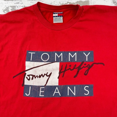 Vintage Tommy Hilfiger Shirt Men Medium Red Tee Spell Out Flag USA 90s Y2K Adult - Picture 2 of 7