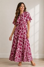 Anthropologie Boemo pink and white paisley ruffle tiered maxi dress Boho Tassel
