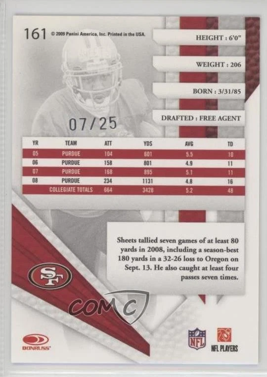 2009 Playoff Absolute Memorabilia Spectrum Silver /25 Kory Sheets #161 Rookie RC - Image 2 of 2