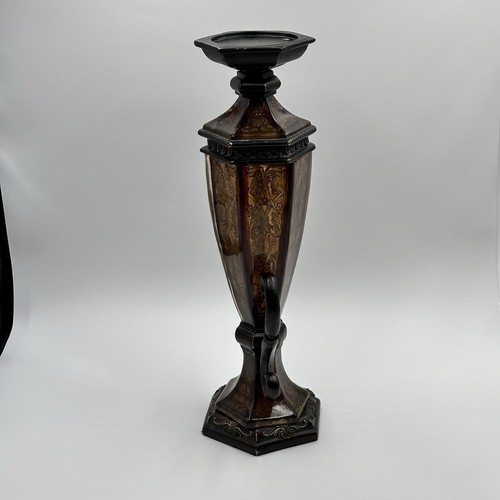 Tuscan Grecian Style Pillar Candle Holder With Scrollwork & Amber Acrylic Panels - Picture 3 of 14