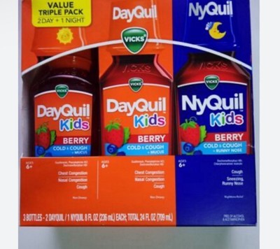 Vicks DayQuil & NyQuil Kids Cold & Cough Liquid, Berry, 8 Fluid Ounce (3 Count)