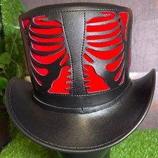 Black Red Leather Top Hat Skeleton Rib Cage Gothic Steampunk Costume Hat Unisex