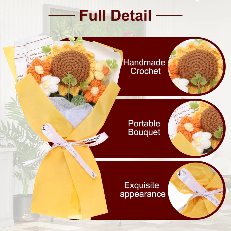 Buquê de flores de crochê feito à mão buquê artificial amarelo girassol - Imagem 3 de 4