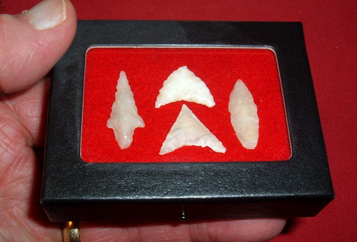 (4) Small Assorted Neolithic Quartz Points W/CASE, Prehistoric African Artifacts