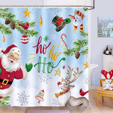 Winter Holiday Shower Curtain with Santa, Snowman  Reindeer, 72x72 Inch