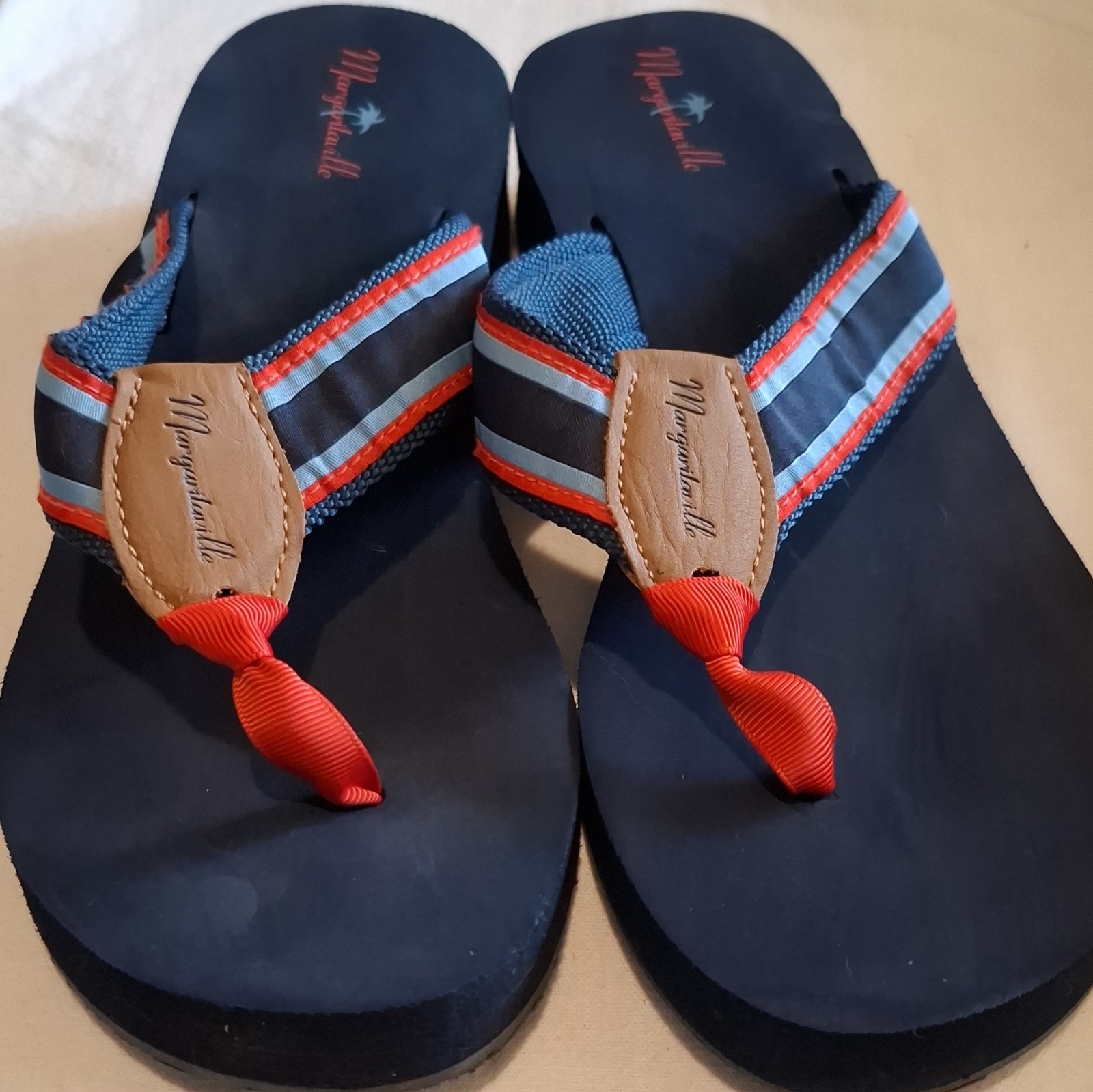 Margaritaville Women's Blue Red Striped Flip Flop Sandals Slip On Logo US 10