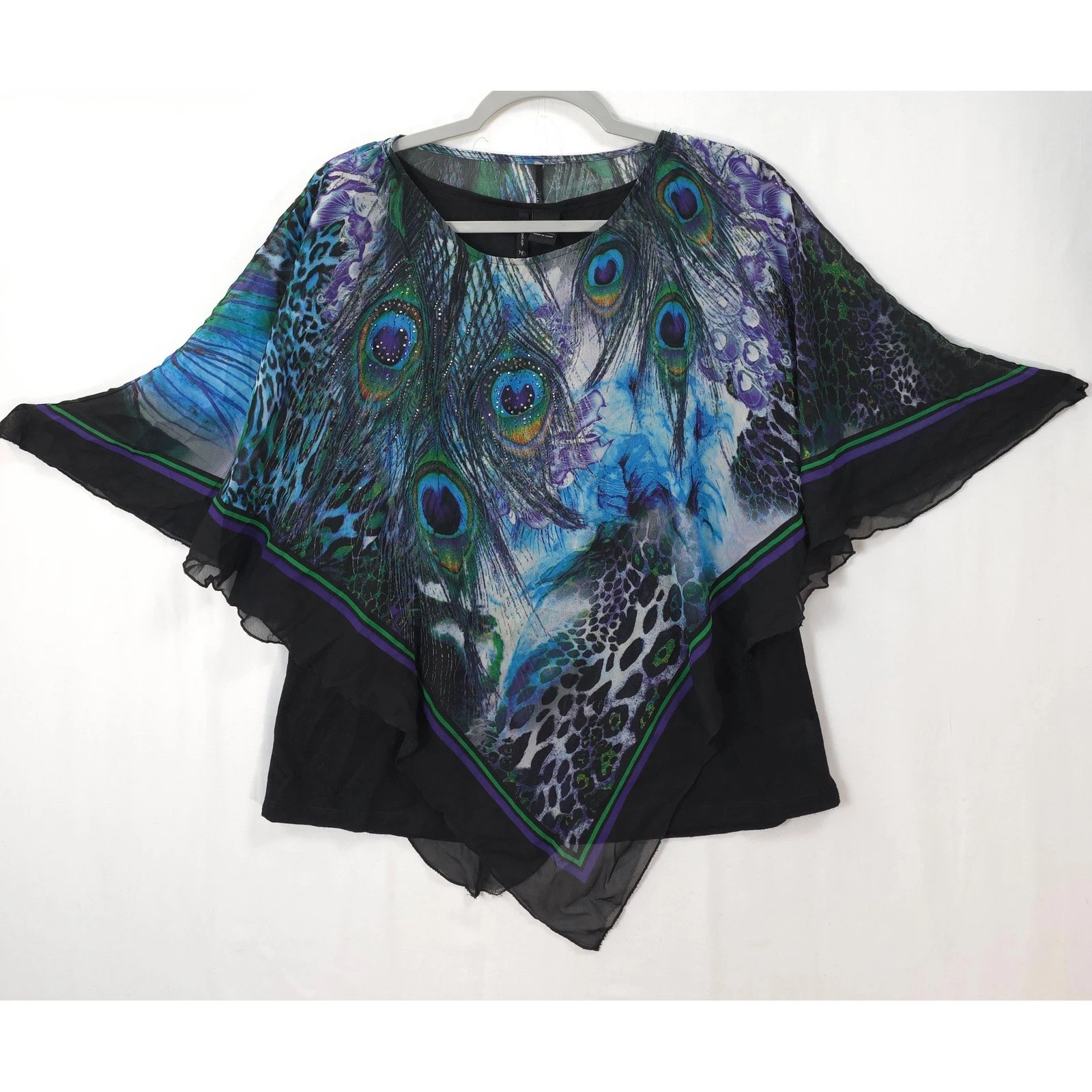 Peacock Print Poncho Blouse Sheer Overlay Beaded L Boho Statement Top Resort