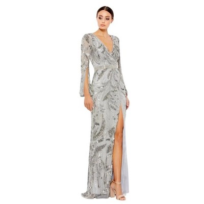 Mac Duggal NWT Sequined Faux Wrap Split Long Sleeve Gown in Platinum Size 10
