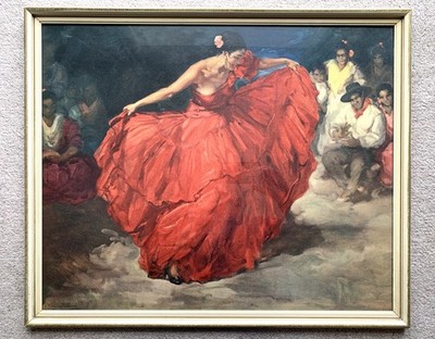 FANTASISCHER ROCK MITTE 20. JH. KITSCH FLAMENCO TÄNZERIN PRINT ''FRS CLEMENTE'' ROT