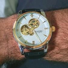 TIANNBU Montre homme automatique analogique cadran blanc boîtier doré noir