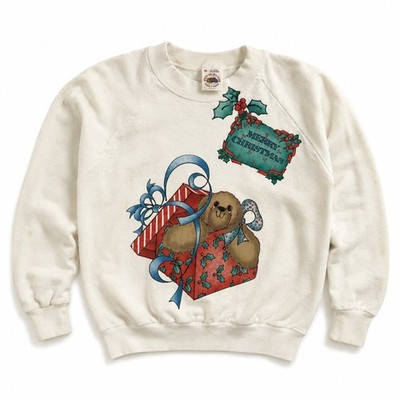 Vintage 90s Fruit of the Loom Christmas Sweatshirt with Teddy Bear and Gift Grap