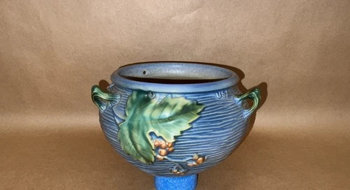 Roseville Pottery 1940's Arts & Crafts Bushberry Hanging Basket in Blue 465-5