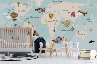 3D Airplane Animal World Map Wall Murals Wallpaper Murals Wall Sticker