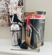 Vintage Art Deco Sparklet Devices SELTZER Siphon Bottle Chrome and Black