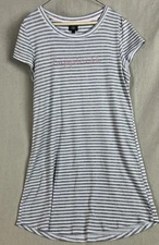 Laura Ashley Women's Nightgown L Gray & White Striped short  Sleeve Soft & Cozy