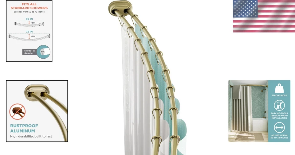 Elegante varilla de ducha doble curva dorada - a prueba de óxido, sin taladro, ajustable 50-72 pulgadas Foto 2 de 4