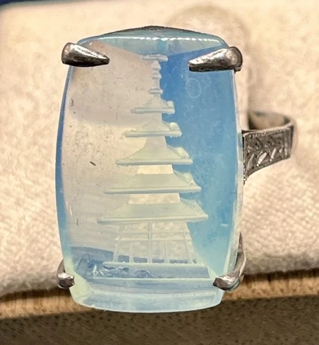 Japanese Reversed Carved Pagoda Silver Intaglio Opaline Acrylic Lucite Ring SZ 6