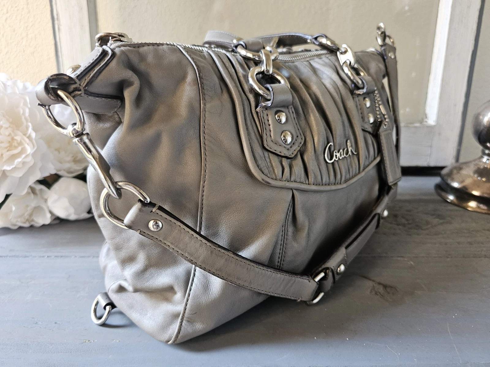 Borsa Coach Ashley vintage in pelle grigia 60149 F15455 rosa interno carina!