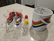 Vintage Retro Rainbow Wavy Stripes Ice Bucket With Lid and Original Ice Tongs