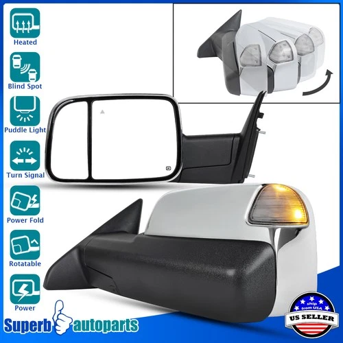 For 2019-2022 Ram 2500 3500 Chrome Rotatable Side Mirrors+Heat/Signal/Power Fold