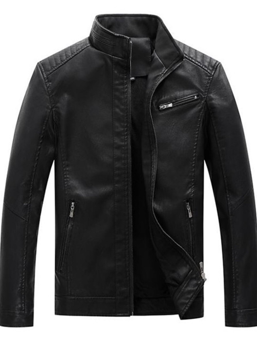 Men's Women's Leather Jacket Fall/Winter Long Sleeve Colour Black