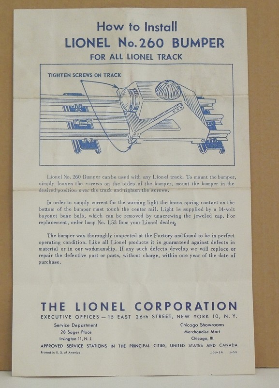 Lionel Instruction Sheet "How To Install LIONEL No. 260 BUMPER"