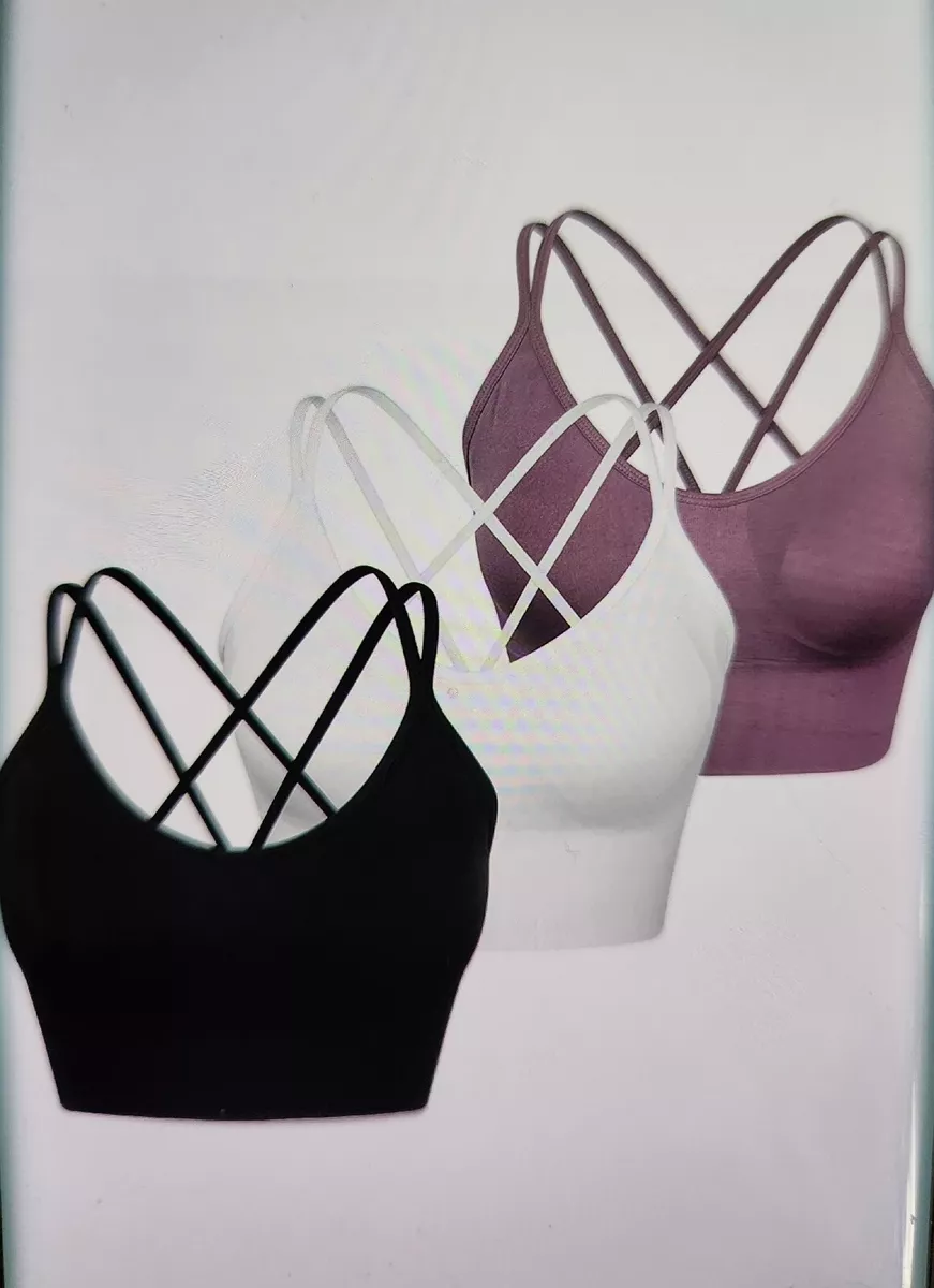 WANAYOU 3 Pack Women Sz Medium Strappy Sport Bras Black White Purple Med  Support