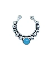 925 Sterling Silver Fake Septum Hanger Clip On Nose Ring Beaded Turquoise Hoop