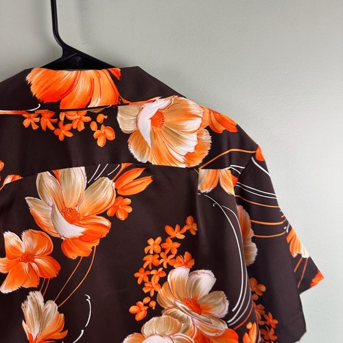 Vintage Hawaii Nei Shirt Large Brown Orange Floral Loop Collar Hawaiian 60s/70s - Picture 8 of 11