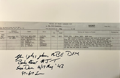 Dambuster G. Johnny Johnson Hand Signed Photo of Dams log for Johnson crew