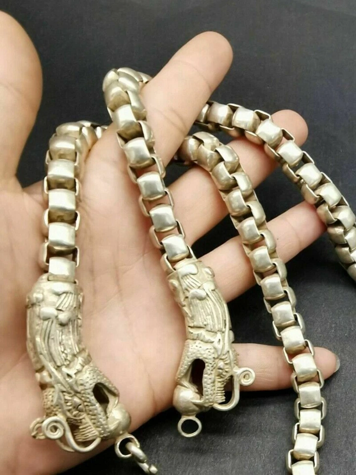 Collar Cabeza de Dragón Doble Tallado a Mano Plata Tíbet Chino Antiguo 62cm Foto 4 de 4