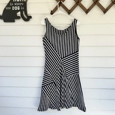 Peruvian Connection Sleeveless Striped Dress Size Small Fit & Flare Jersey Navy 